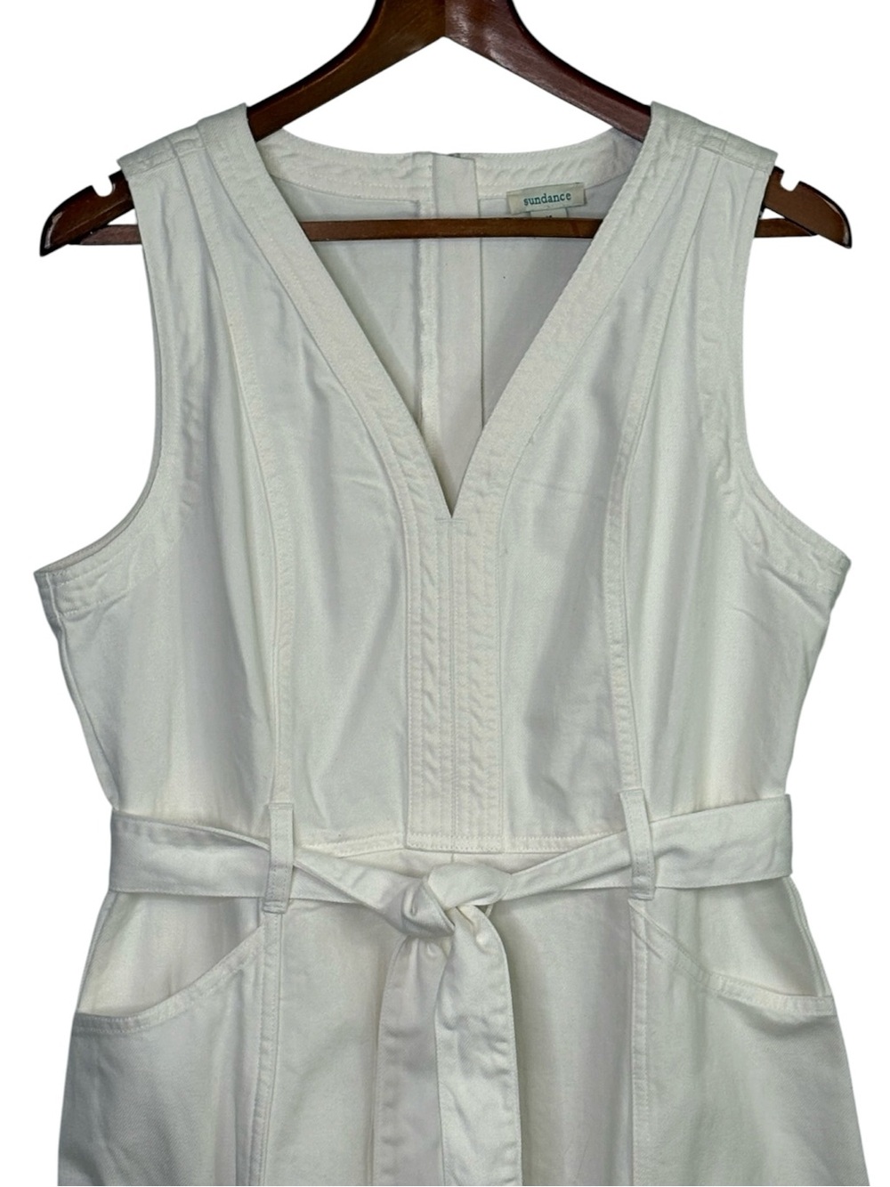 Sundance Poppy White Denim Belted Midi Dress V-Neck Size 14 Pockets Cotton - Picture 4 of 10